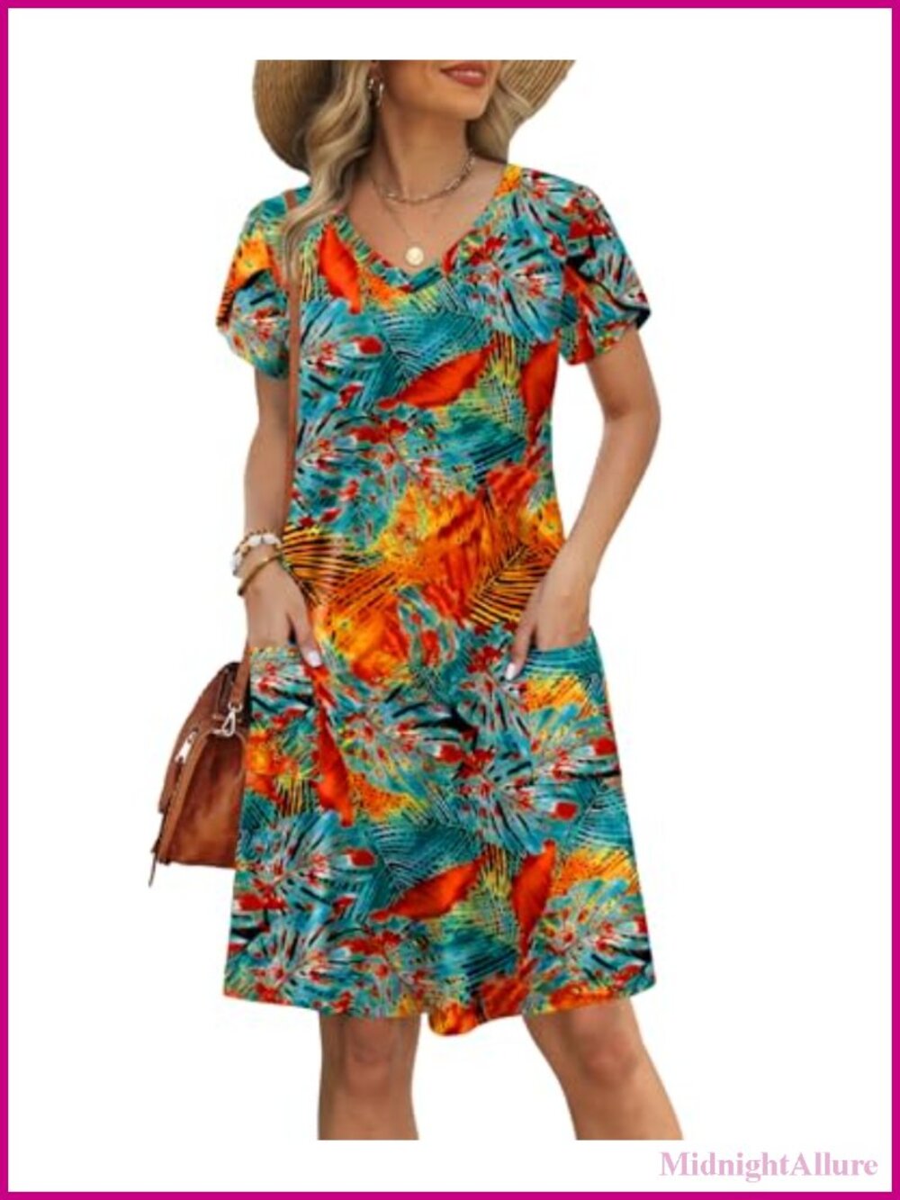 Womens V Neck Petal Short Sleeve Swing Sundress Loose Fit with Pockets